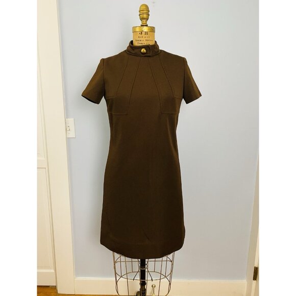 Vintage David Crystal Fashion Brown Short Sleeve Dress Size S 1960s Polyester - Picture 1 of 12